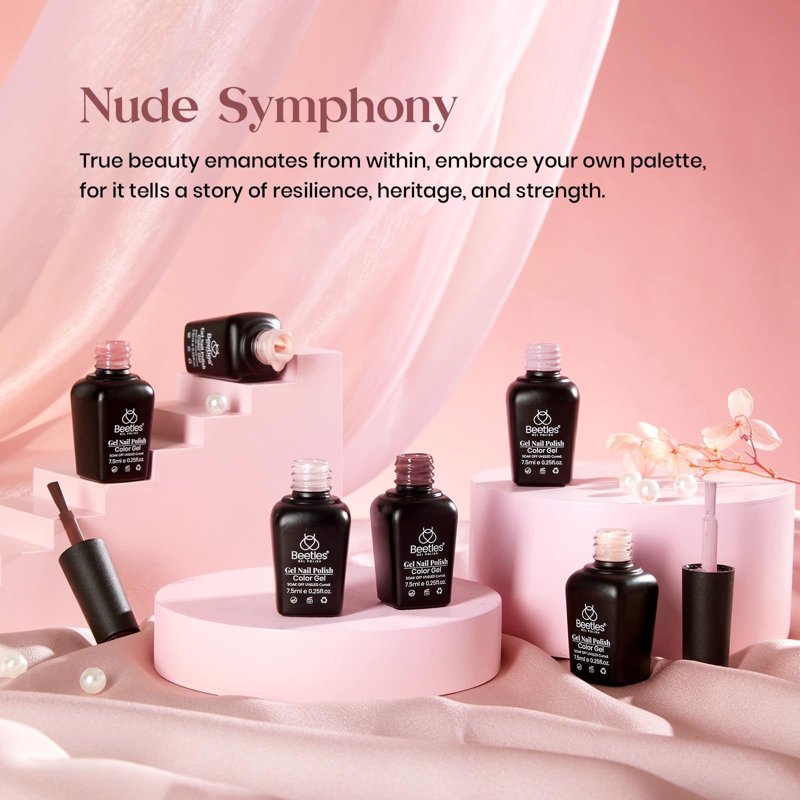 Beetles Nude Symphony colors palette closeup highlights pinks and browns for chic looks.