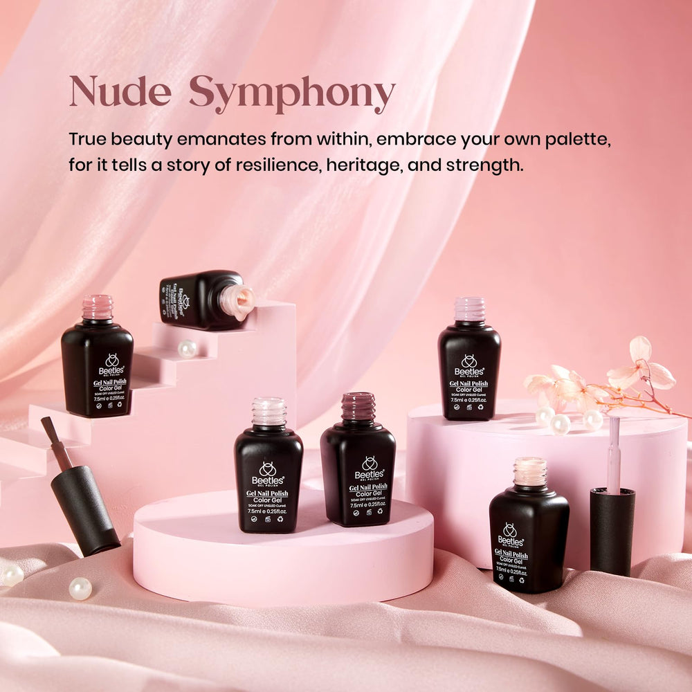 Beetles Nude Symphony colors palette closeup highlights pinks and browns for chic looks.