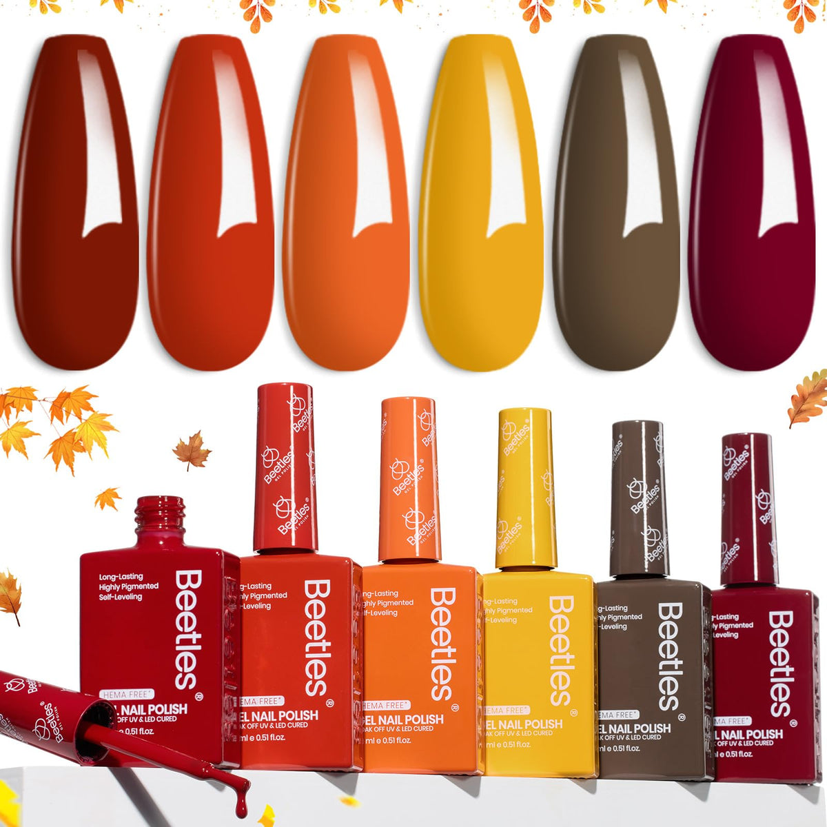 Beetles Orange Gel Nail Polish Set 6 Colors front view shows autumn dusk shades for at-home manicures.