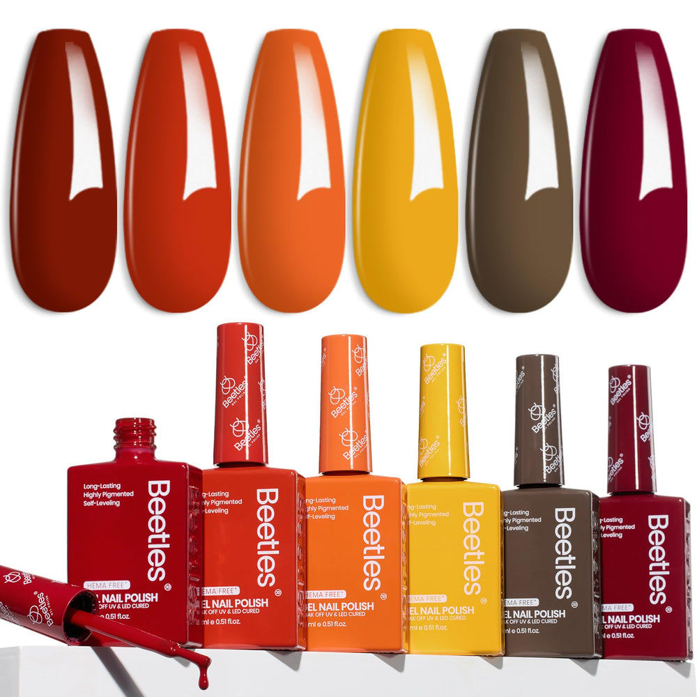 Beetles Orange Gel Nail Polish Set at-home manicure kit for DIY fall looks.