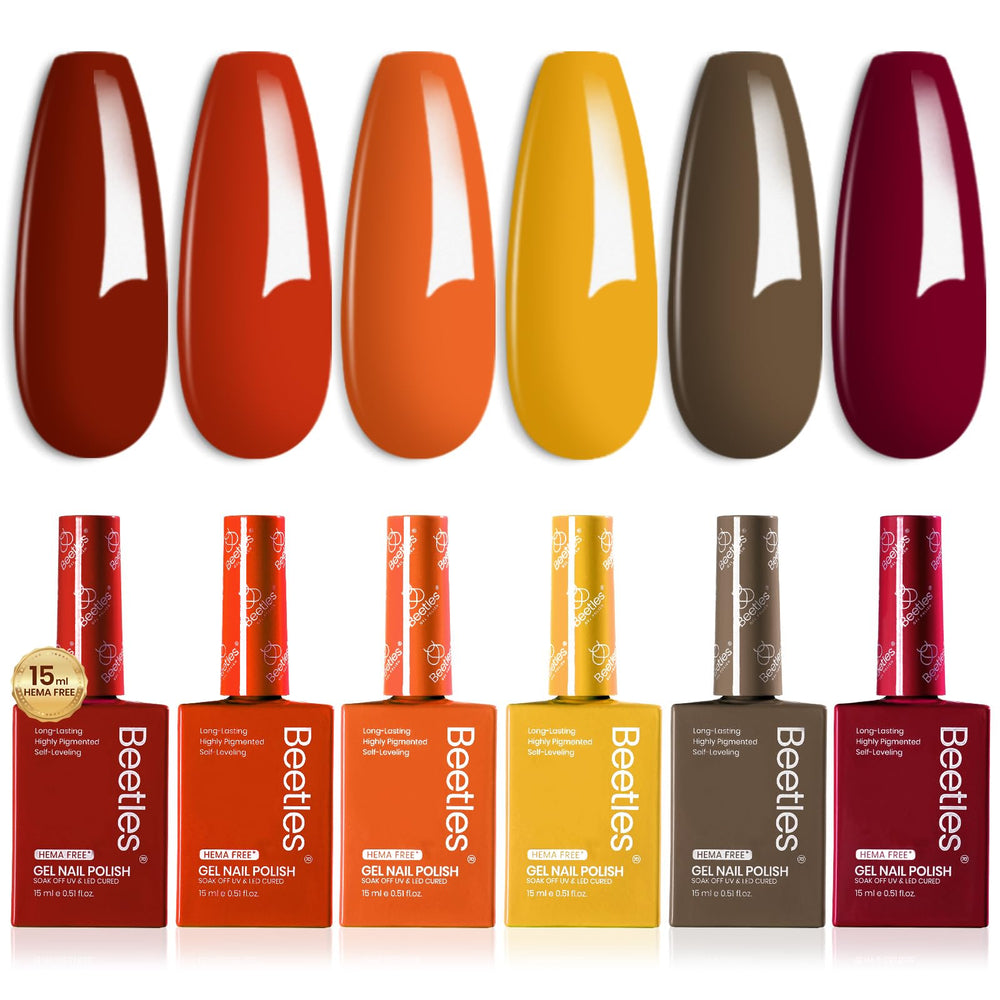 Beetles Orange Gel Nail Polish Set HEMA-free label emphasizes gentle chemistry for nails.