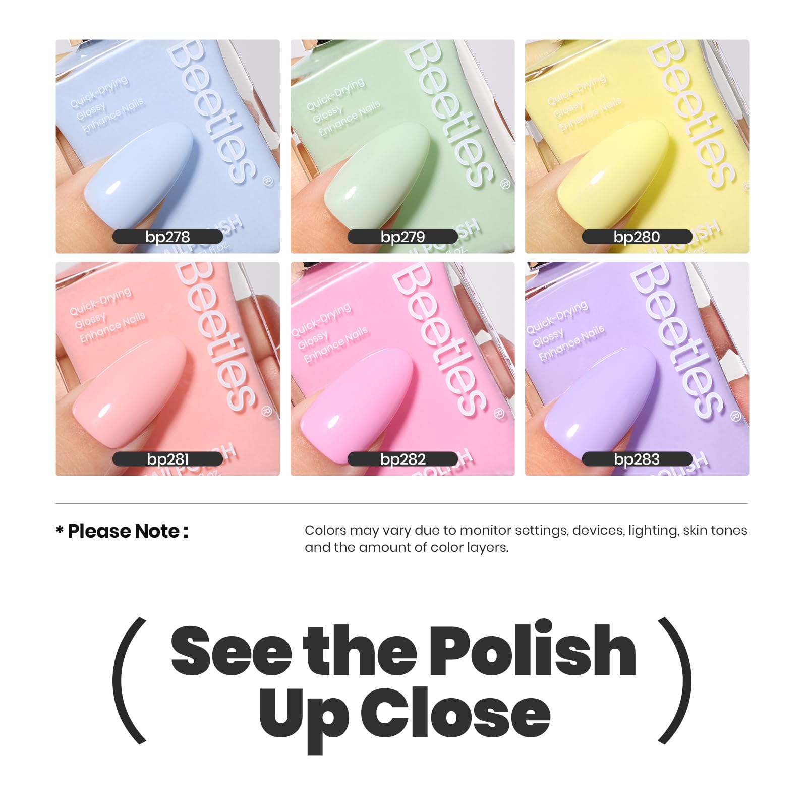 Beetles pastel nail-care ingredients visual showing nourishing formula.