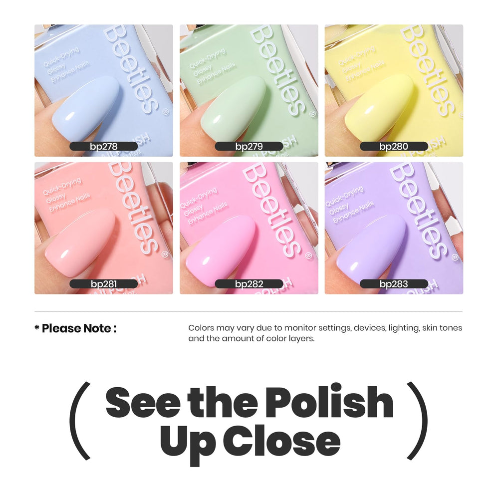 Beetles pastel nail-care ingredients visual showing nourishing formula.