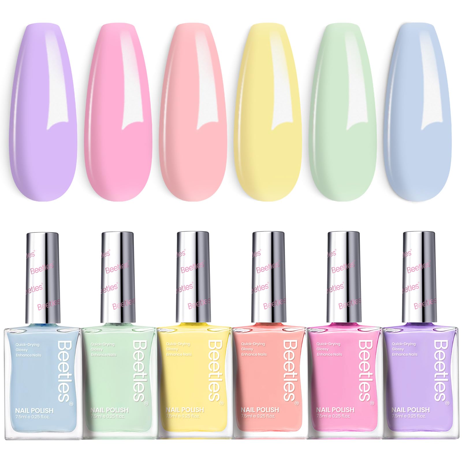 Beetles Pastel Reverie set shows six colors arranged for chic nail art.