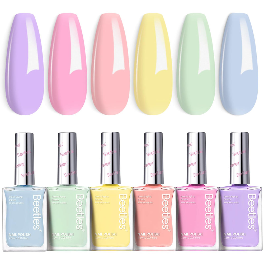 Beetles Pastel Reverie set shows six colors arranged for chic nail art.