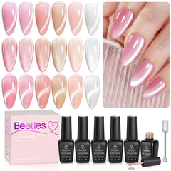 Beetles Pink Cat Eye Gel Polish Kit with six colors enables velvet nail art at home.