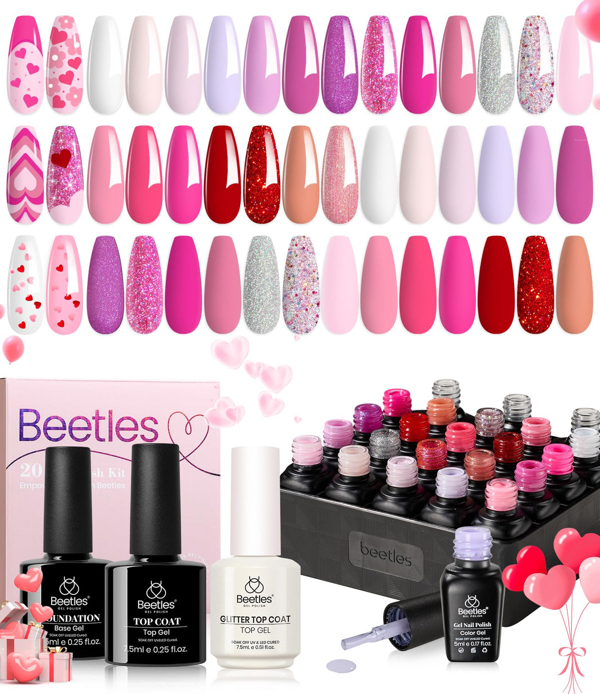 Beetles Pink Gel Polish Set swatches showcase color variety for versatile manicure ideas.