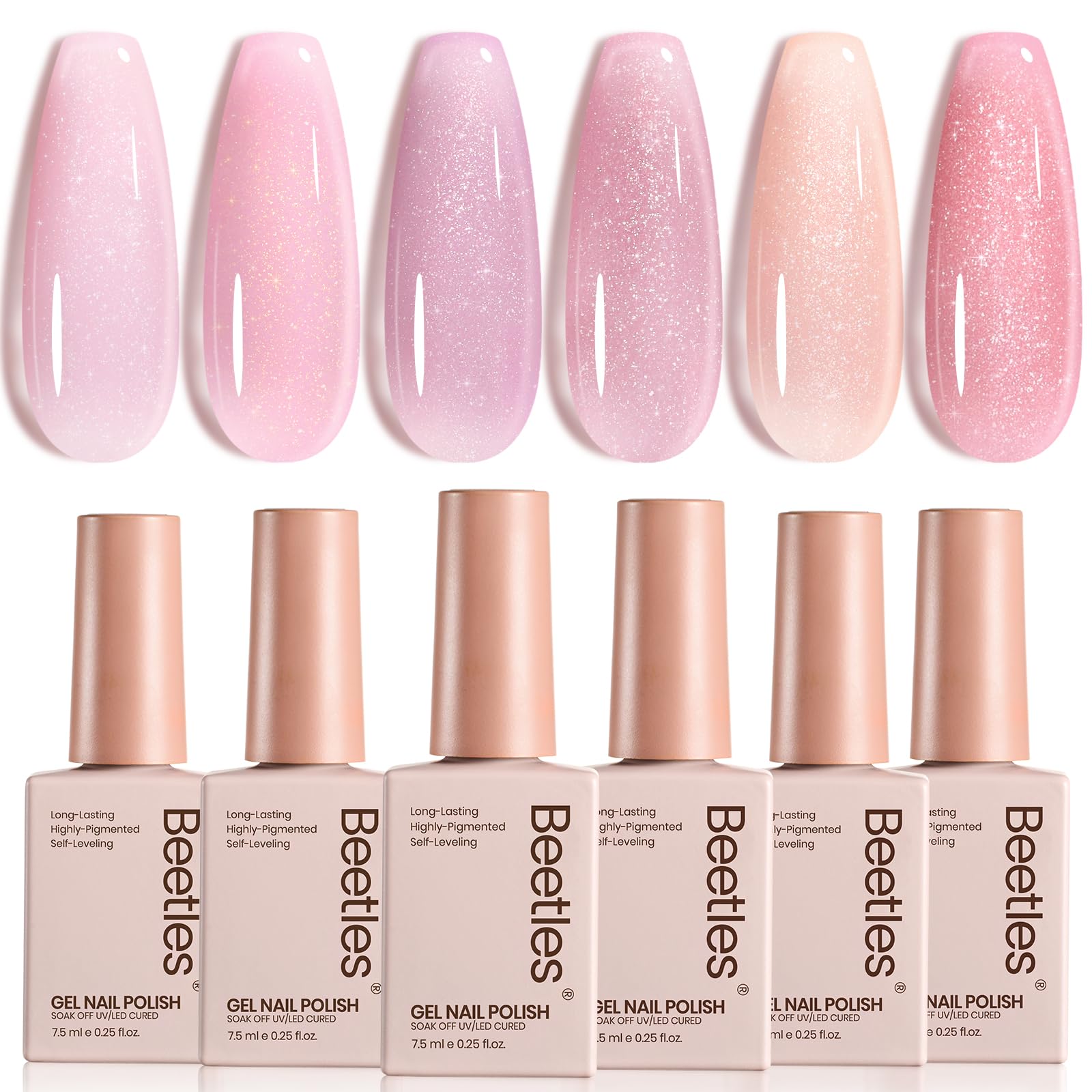 Beetles Pink Glitter Gel Polish Set product shot shows six shimmering jelly shades for easy manicure