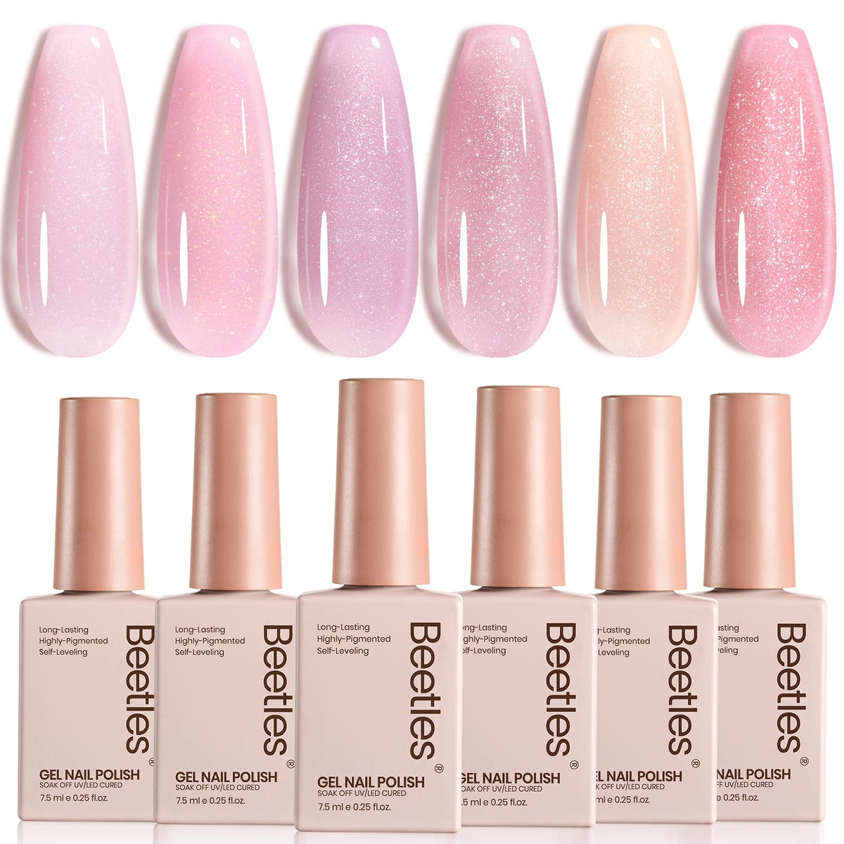 Beetles Pink Glitter Gel Polish Set product shot shows six shimmering jelly shades for easy manicure