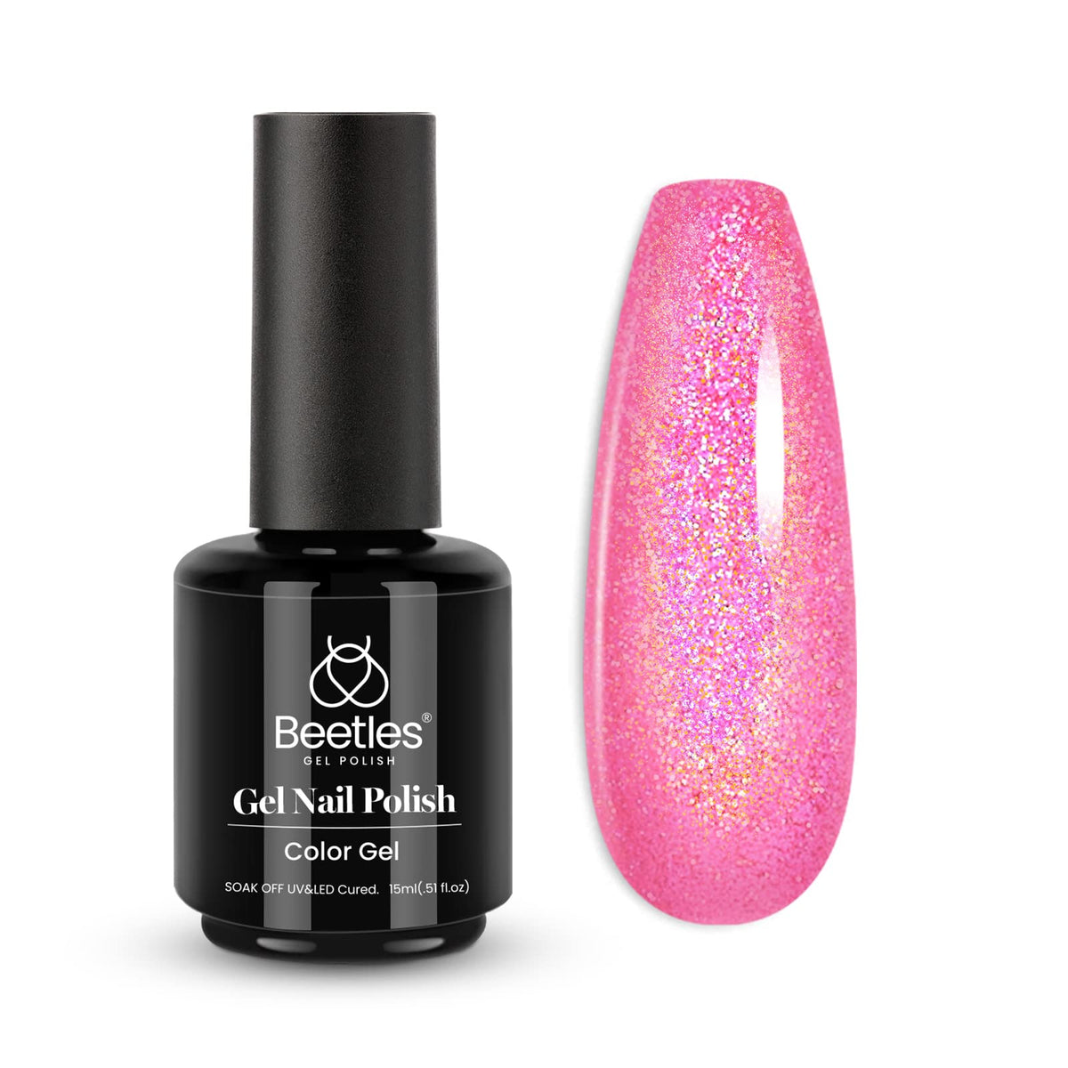 Beetles Pink Glitter Polish bottle closeup promises long-lasting shine for bold nails