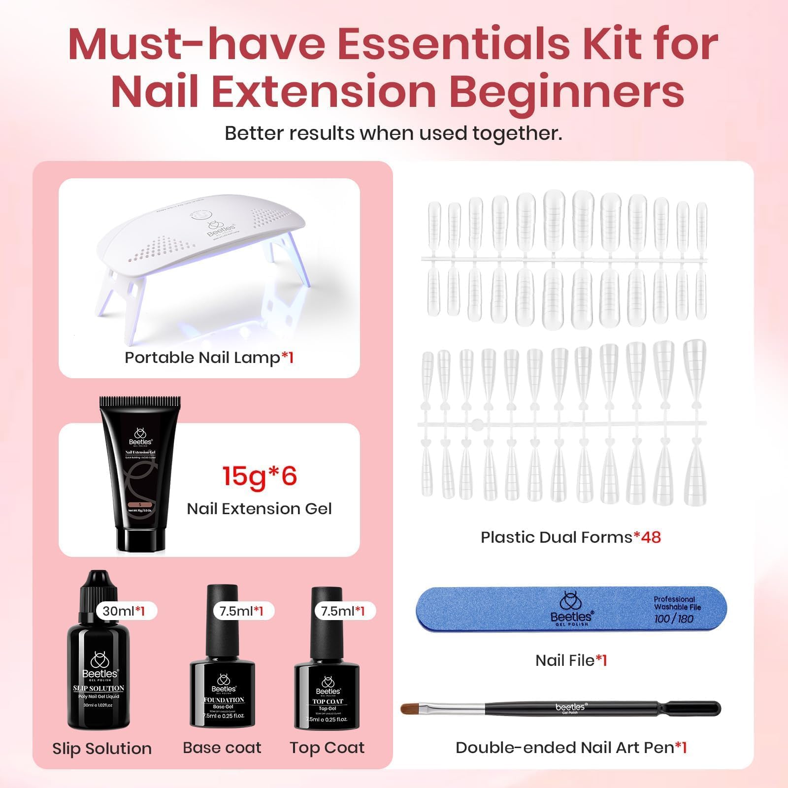 Beetles Poly Nail Gel Kit slip solution bottle enables smooth application and cleaner nail extensions.
