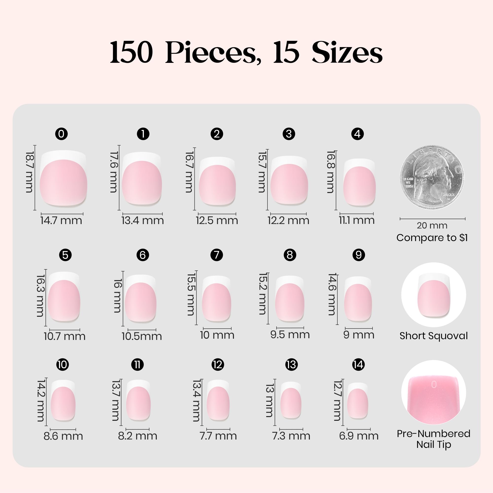 Beetles pre-french tips 15 sizes 150pcs label 0-14 — broad fit for fingers.