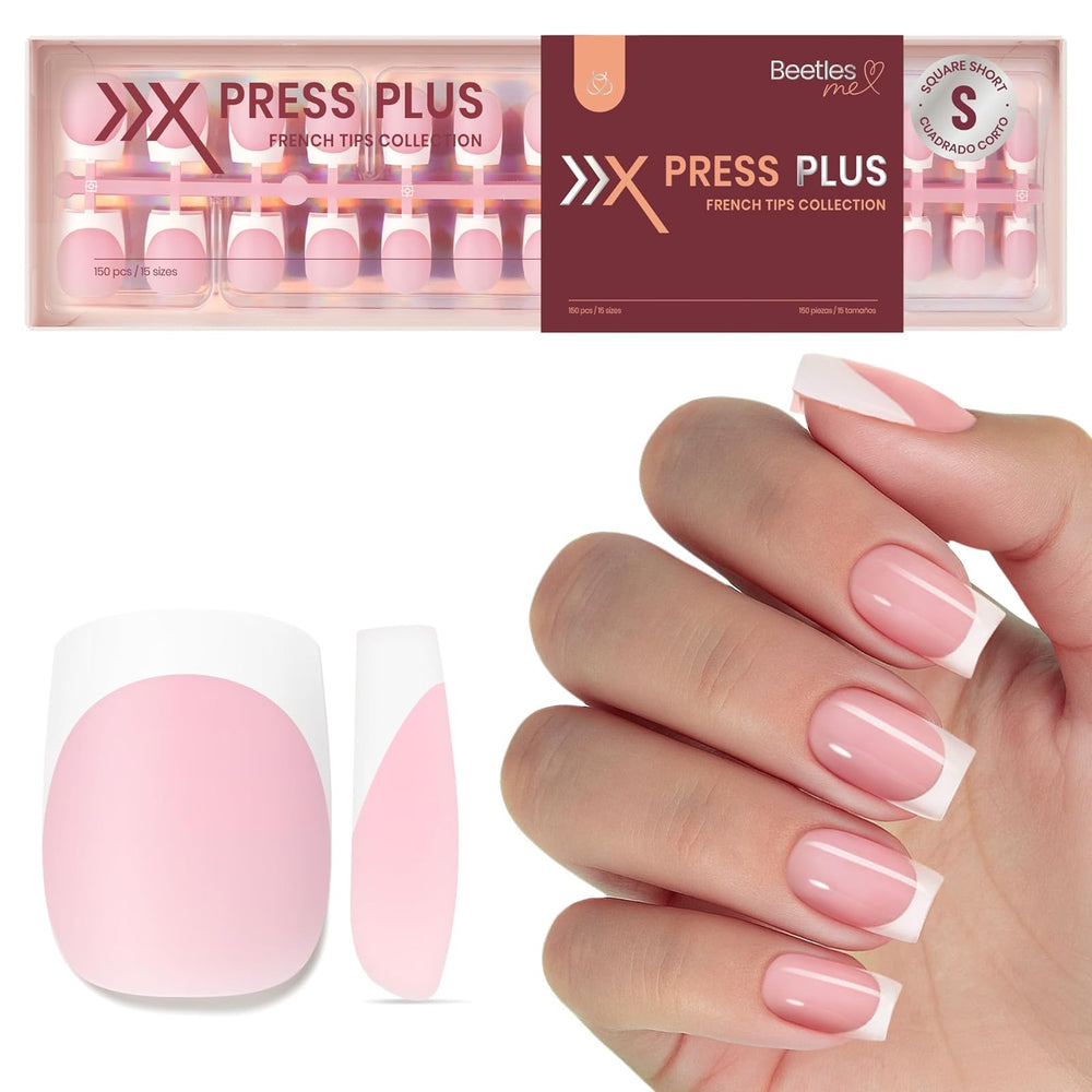 Beetles pre-french tips pink short square nails packfront — durable 4-in-1 press-on design.