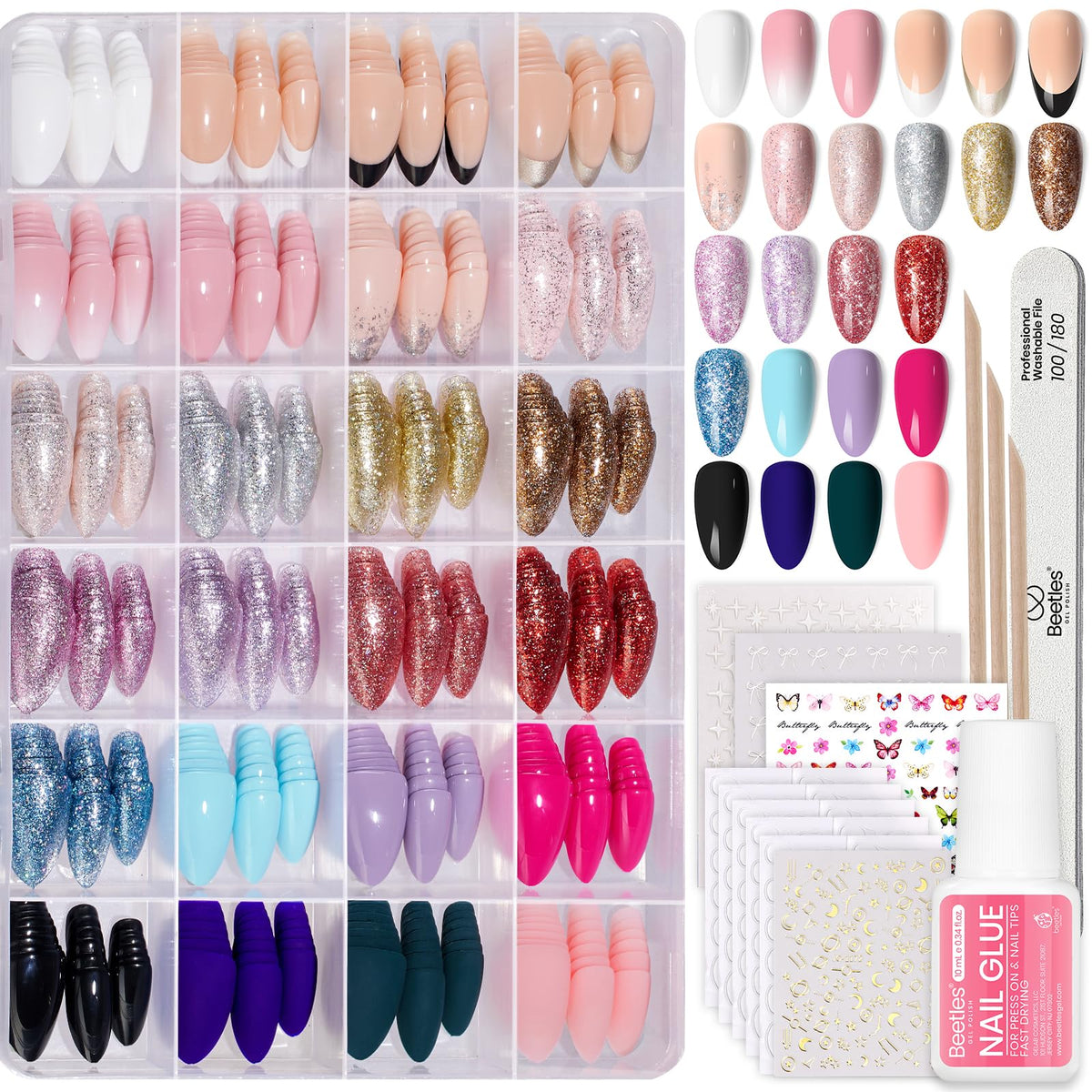 Beetles Press On Nails Kit packaging shows all-in-one set for quick at-home manicures.