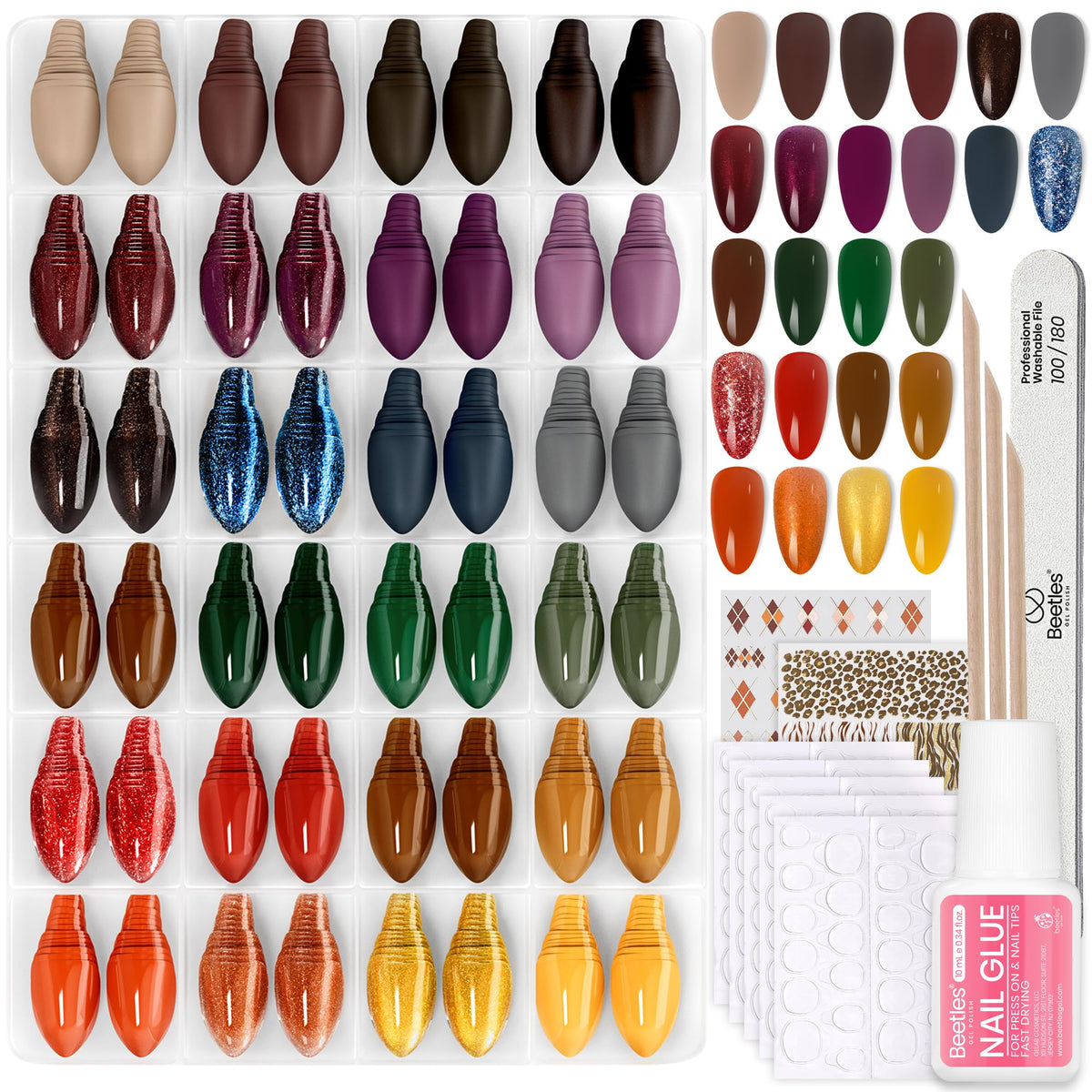 Beetles Press On Nails Prism Parade display with 24 colors for at-home manicures