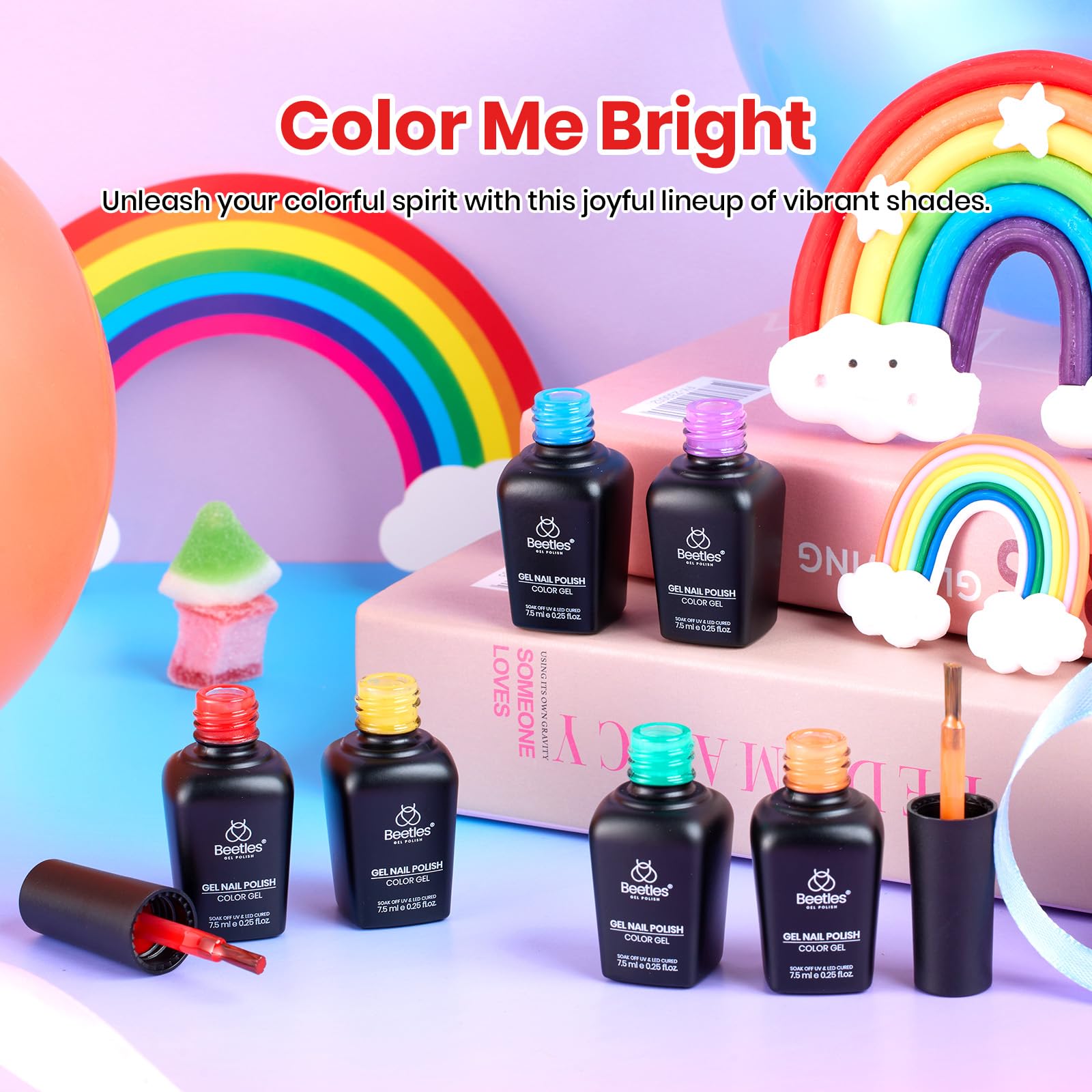 Beetles Rainbow gel polish bottles displaying each shade for versatile nail art.