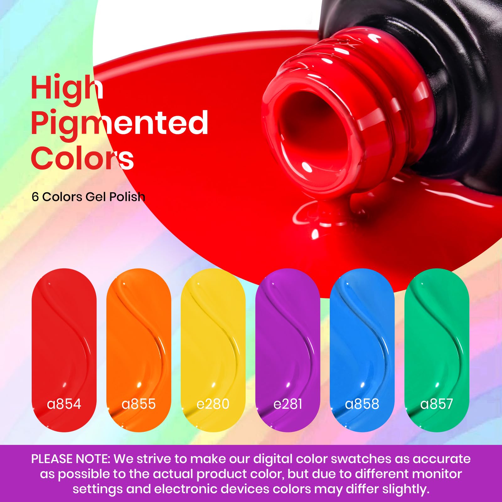 Beetles Rainbow gel polish swatches on nails show vivid color and shine.