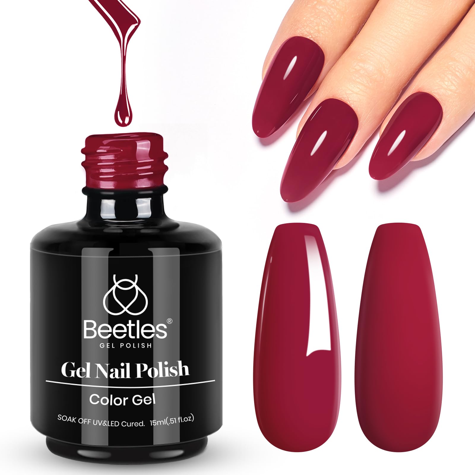 Beetles red gel nail polish wine red 15ml bottle for long-lasting color.