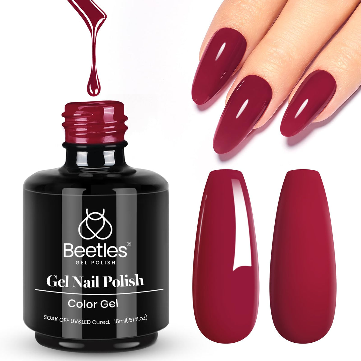 Beetles red gel nail polish wine red 15ml bottle for long-lasting color.