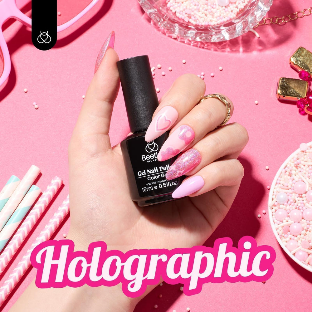 Beetles reflective pink glitter swirl nail art highlights prism-like shimmer