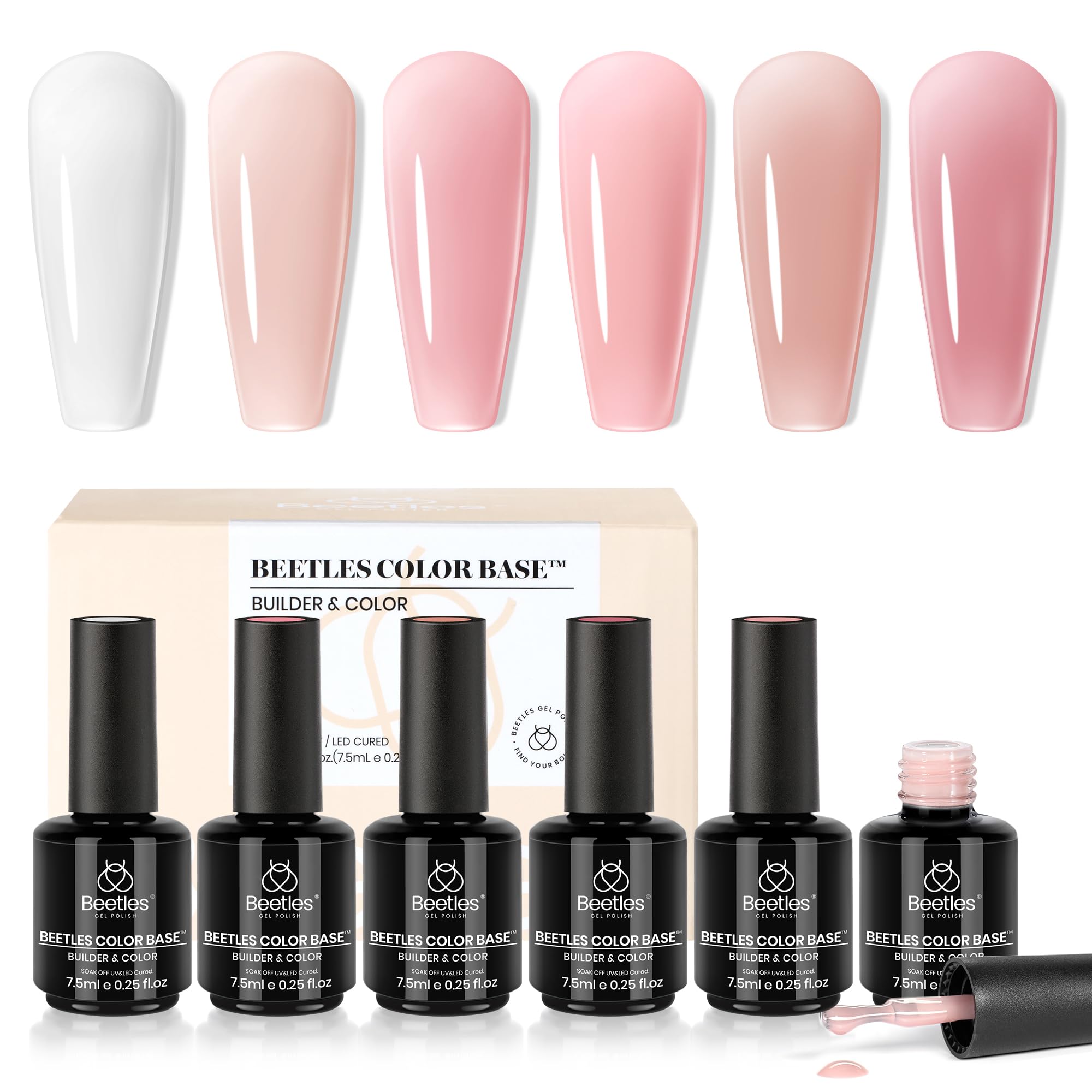 Beetles rubber base builder six nude shades bottles for natural nails.