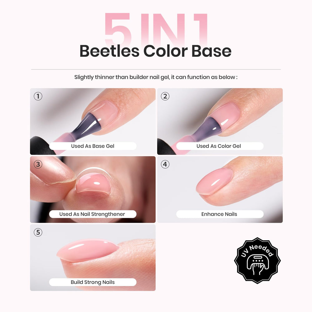 Beetles Rubber Base Gel Nude Pink bottle-application shows smooth self-leveling flow for beginners.
