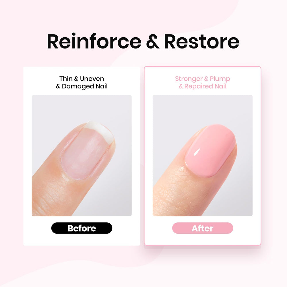 Beetles Rubber Base Gel Nude Pink self-leveling formula creates an even surface and easy extensions.
