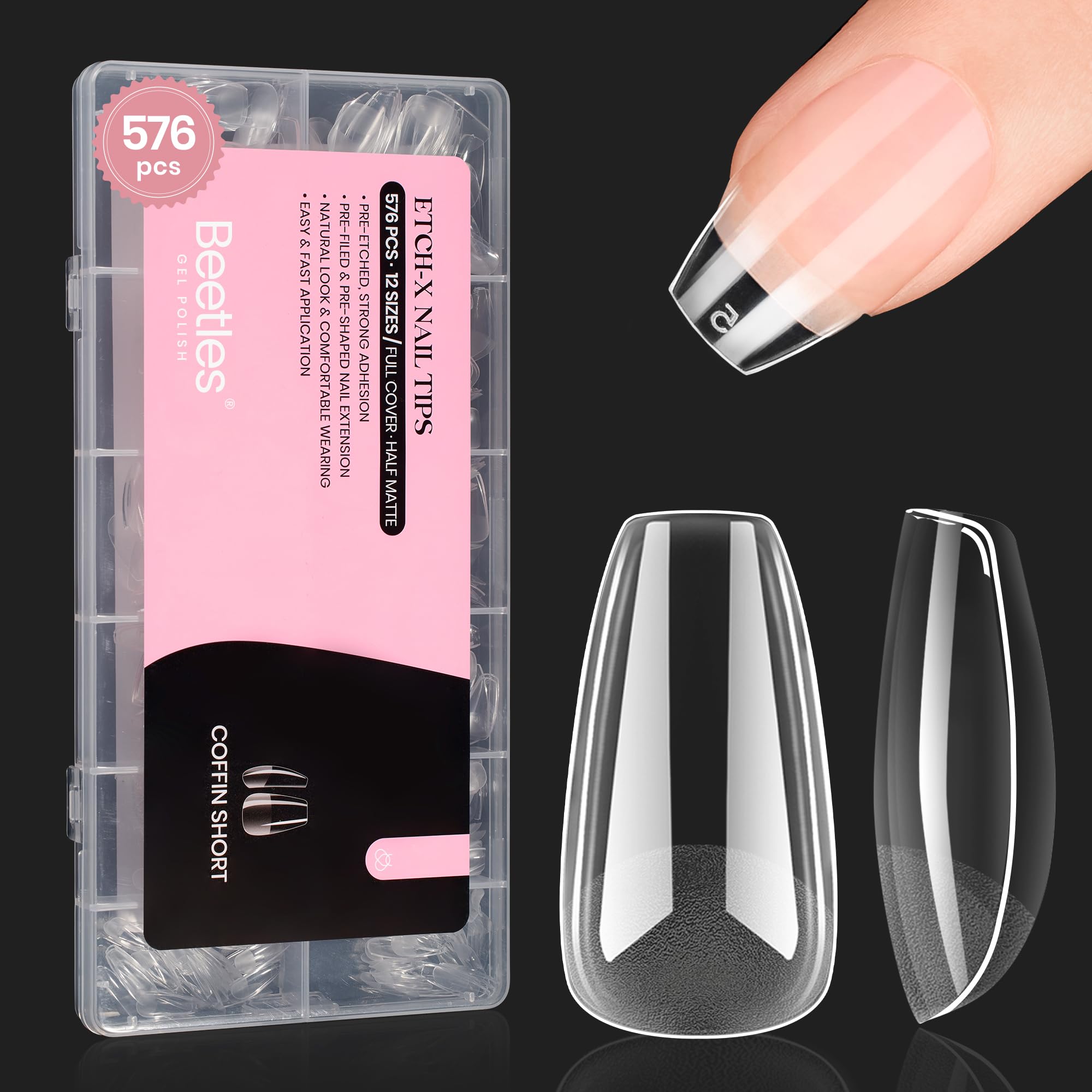 Beetles short coffin nail tips hero: full 576-piece set for DIY manicure.