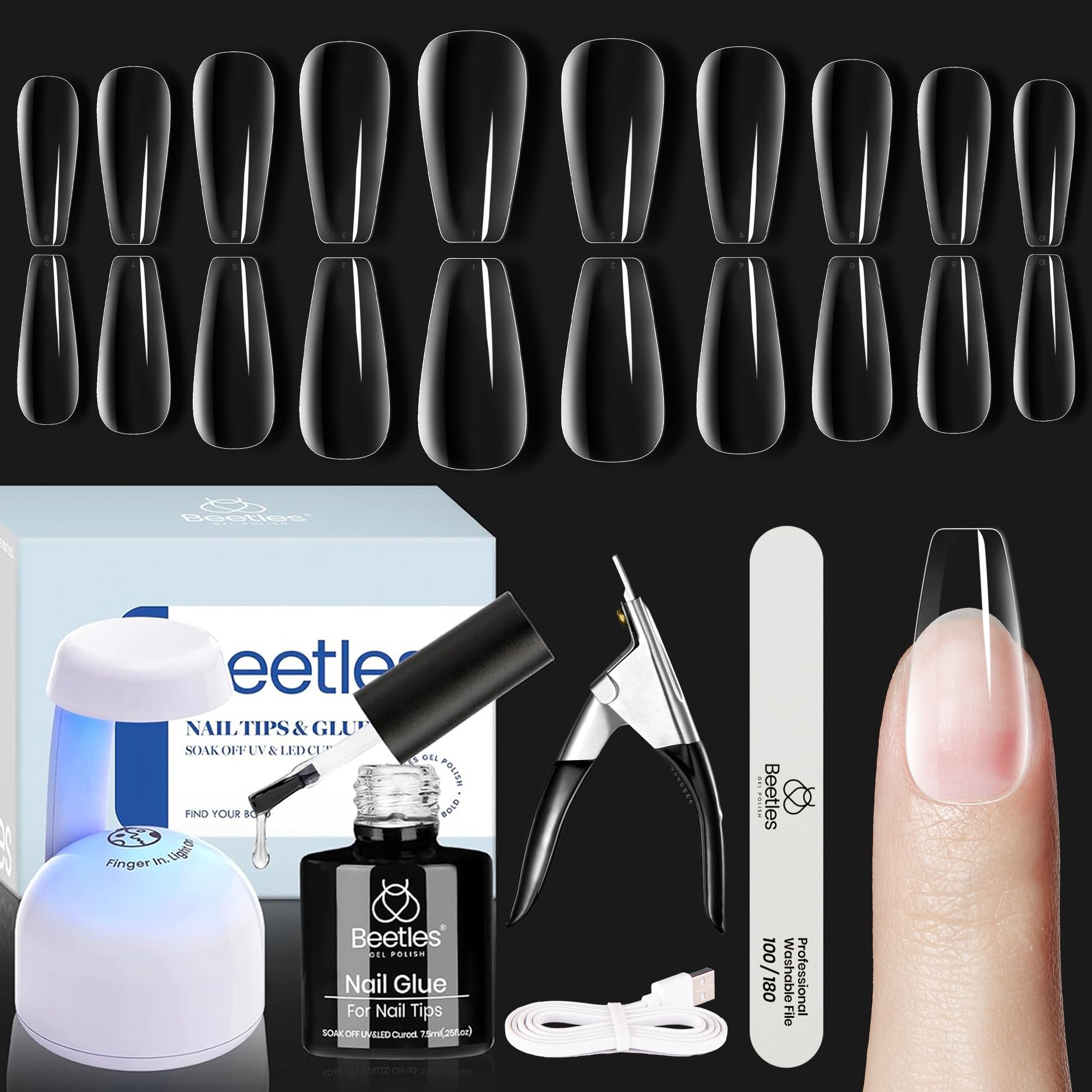 Beetles Soft Gel Nail Kit coffin tips setup with lamp for at-home manicure