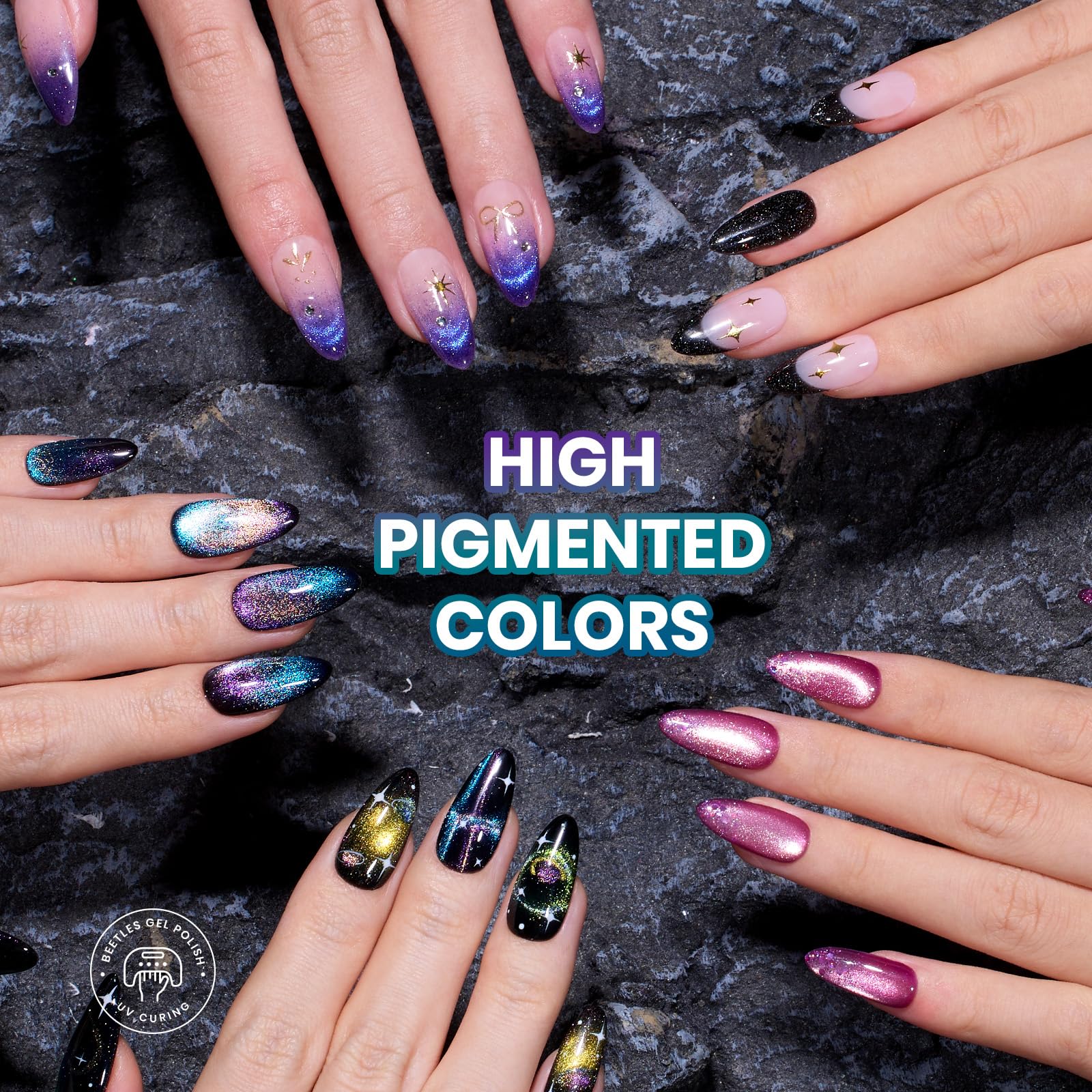 Beetles Stellar Mirage cat-eye magnet effect creates shimmering depth.