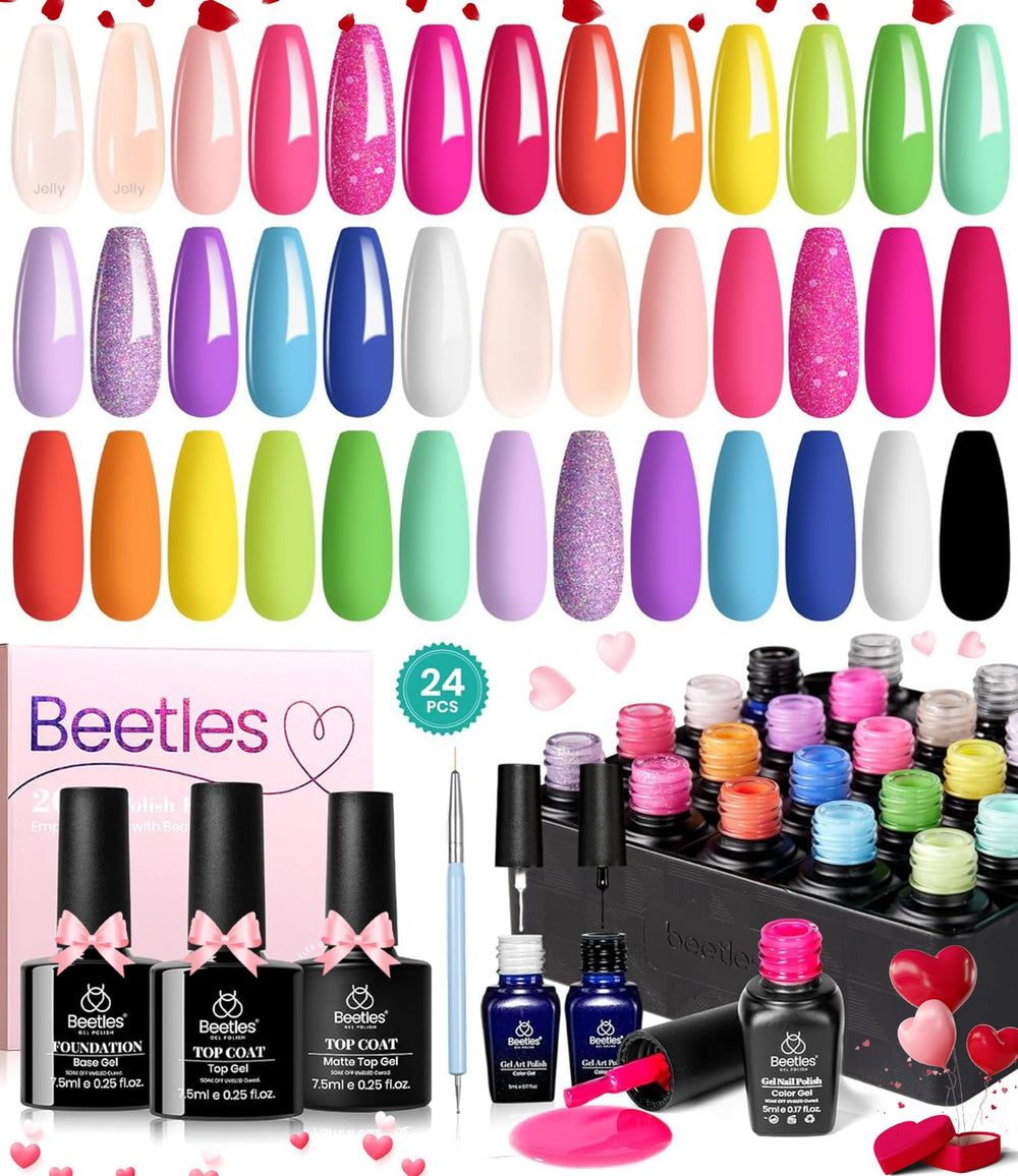 Beetles Summer Gel Nail Polish Set 24pcs swatch shows vibrant neon colors for stylish nails.