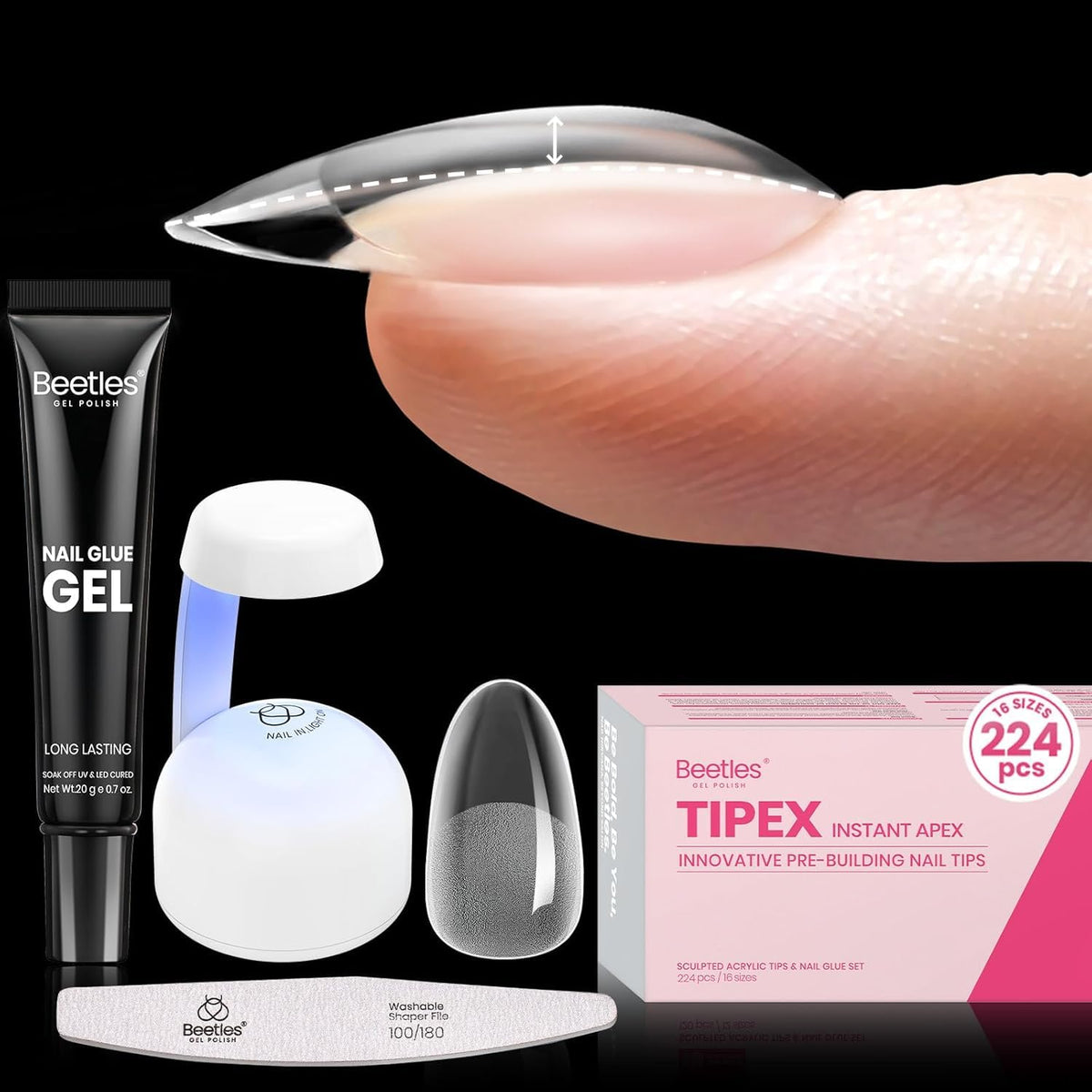Beetles Tipex 224 tips package shows organized extensions for reliable apex and secure wear.