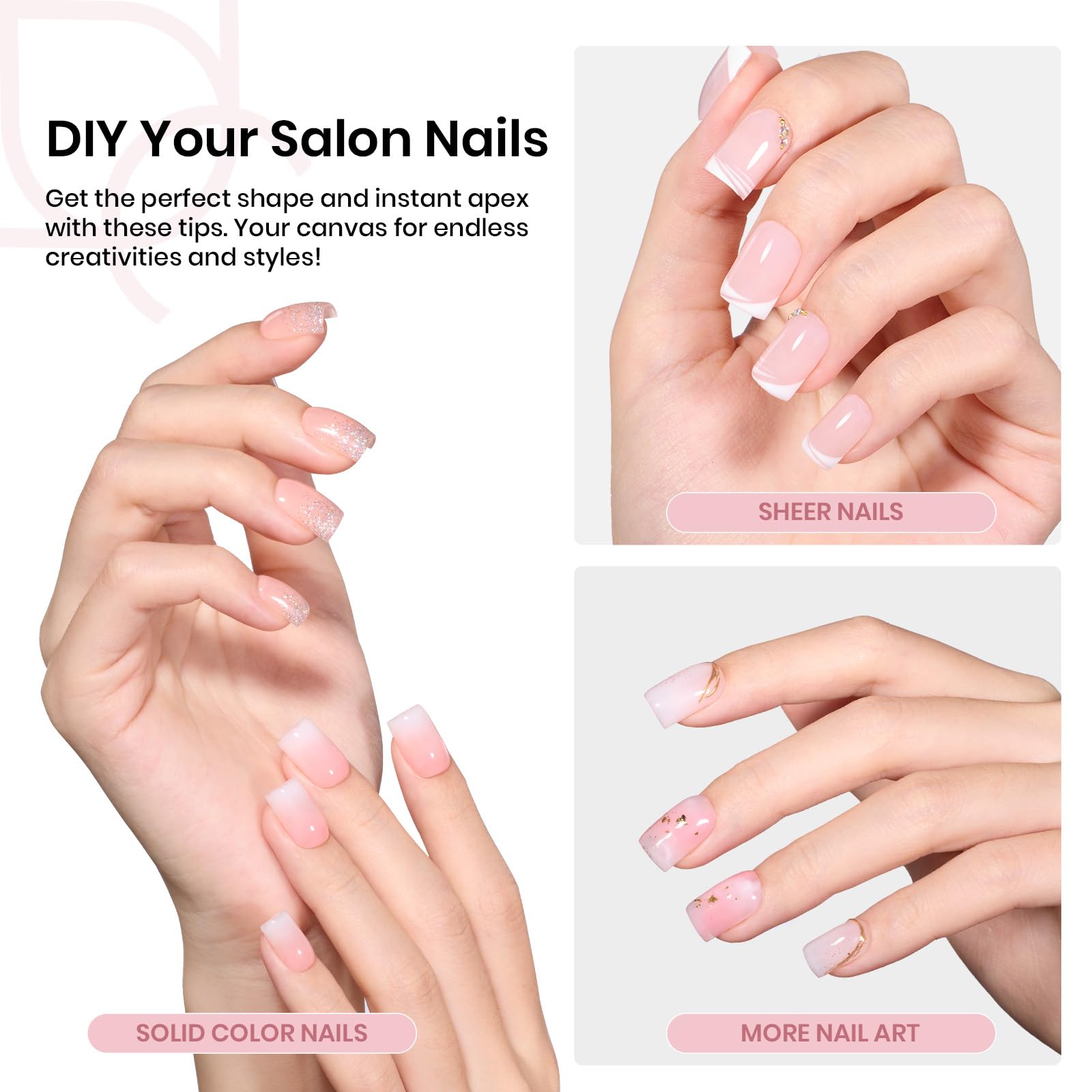 Beetles Tipex extra-short square nail tips with prebuilt apex for quick manicures.