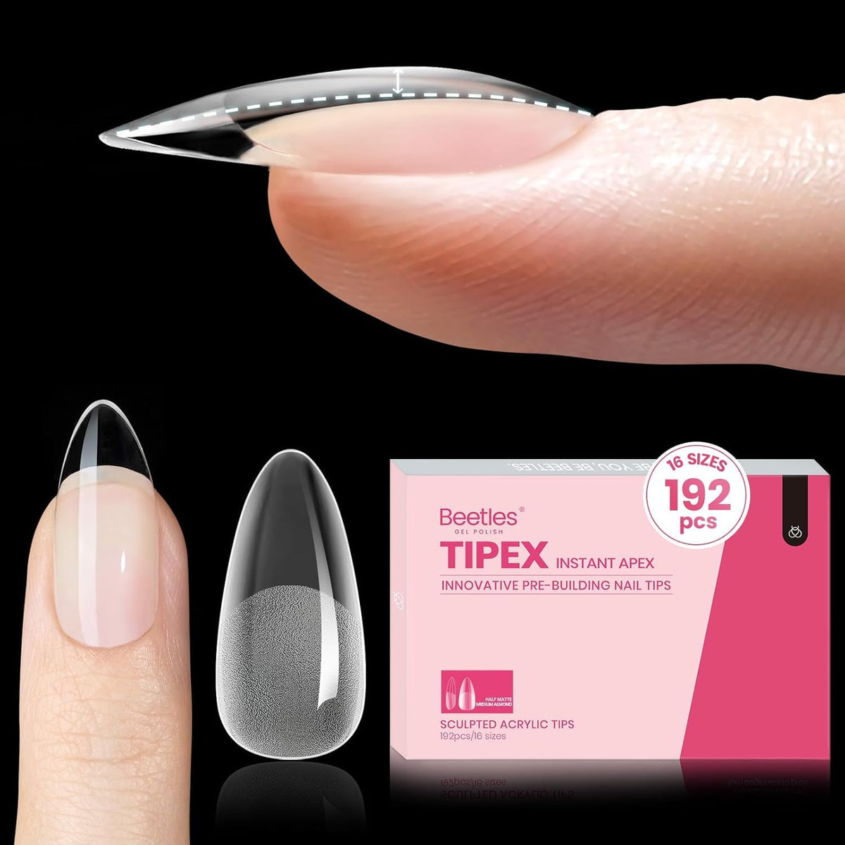 Beetles Tipex instant apex nail tips almond shape close-up for strong, salon-ready nails.