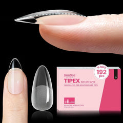 Beetles Tipex instant apex nail tips almond shape close-up for strong, salon-ready nails.