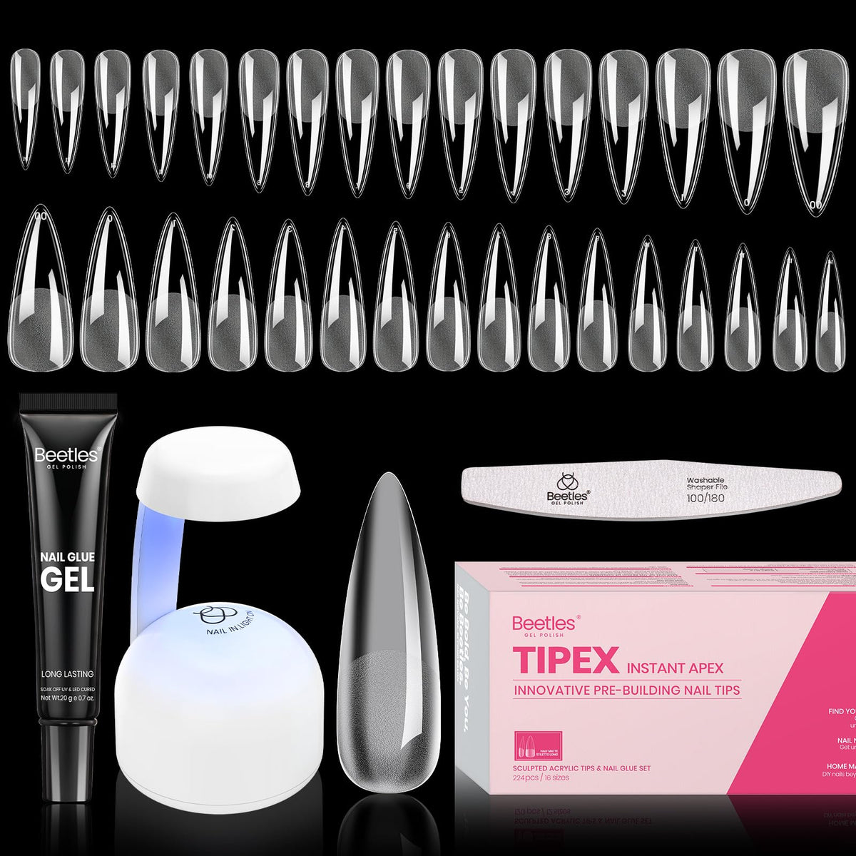Beetles Tipex Instant Apex Nail Tips Kit assembly with 224 tips for strong salon-grade extensions.