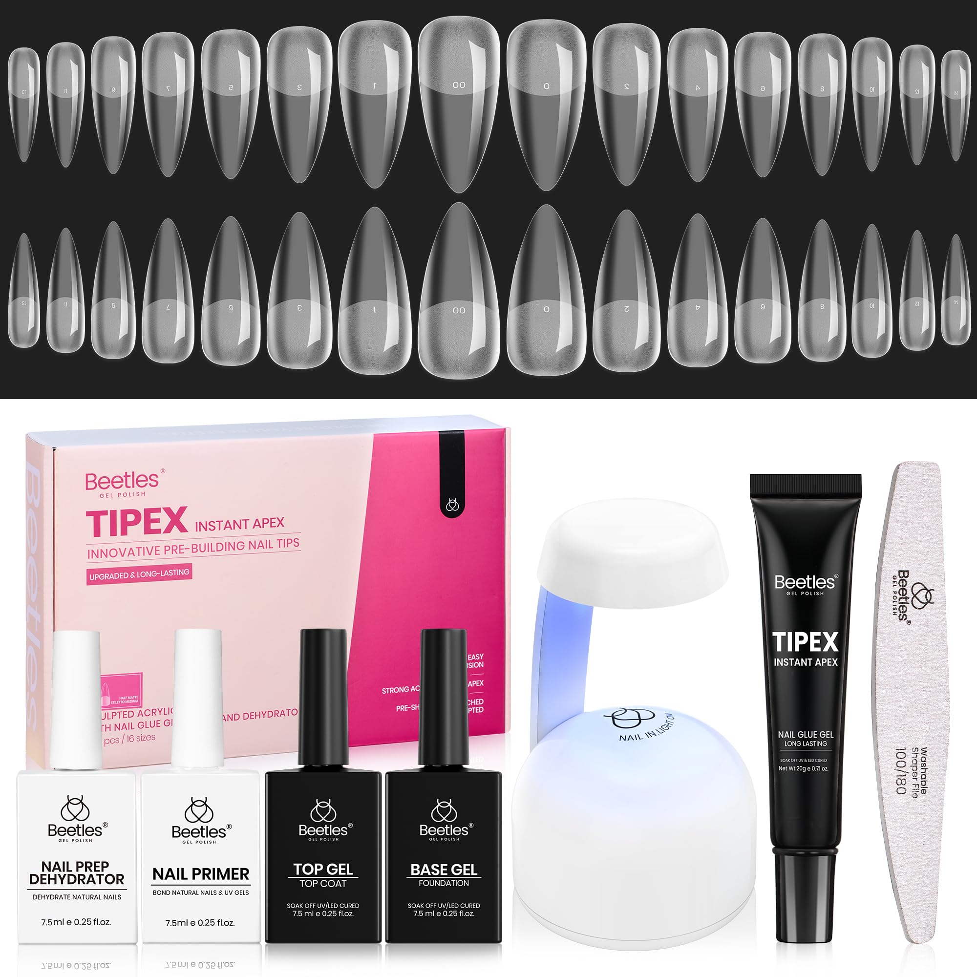 Beetles Tipex Instapex stiletto medium tips close-up for durable salon extensions.