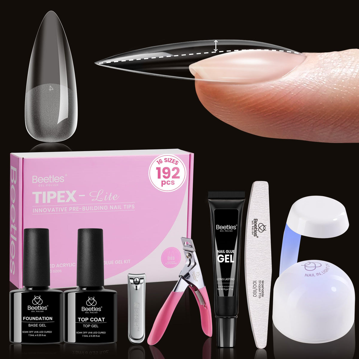 Beetles Tipex Lite Apex Nail Tips Kit contents showcase a complete at-home salon set for quick manicures