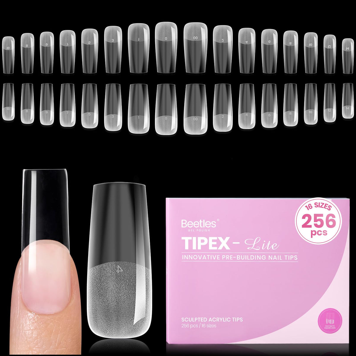 Beetles Tipex Lite apex nail tips square long assembled closeup for durable press-on wear
