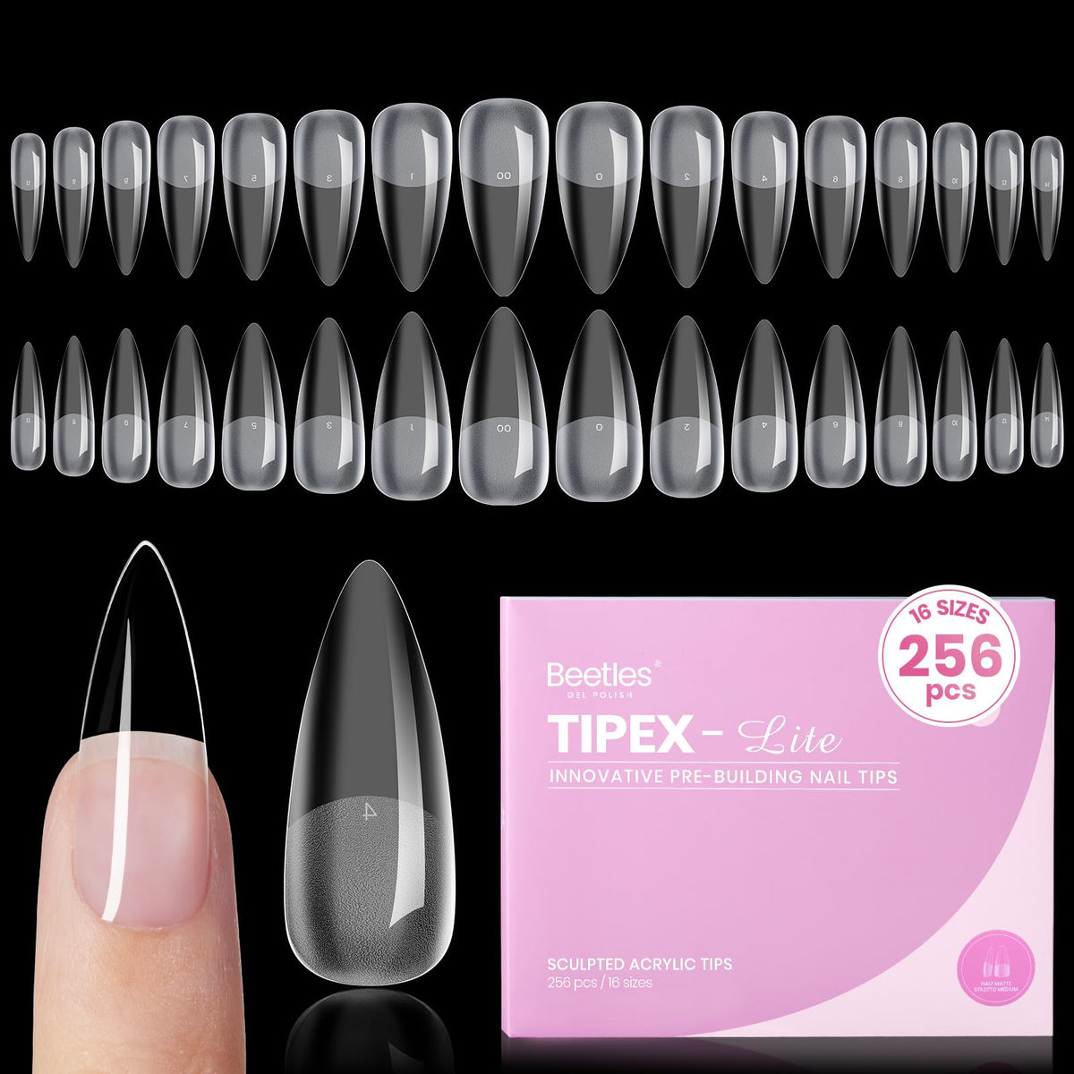 Beetles Tipex Lite stiletto tips with natural-fit appearance for flat nails