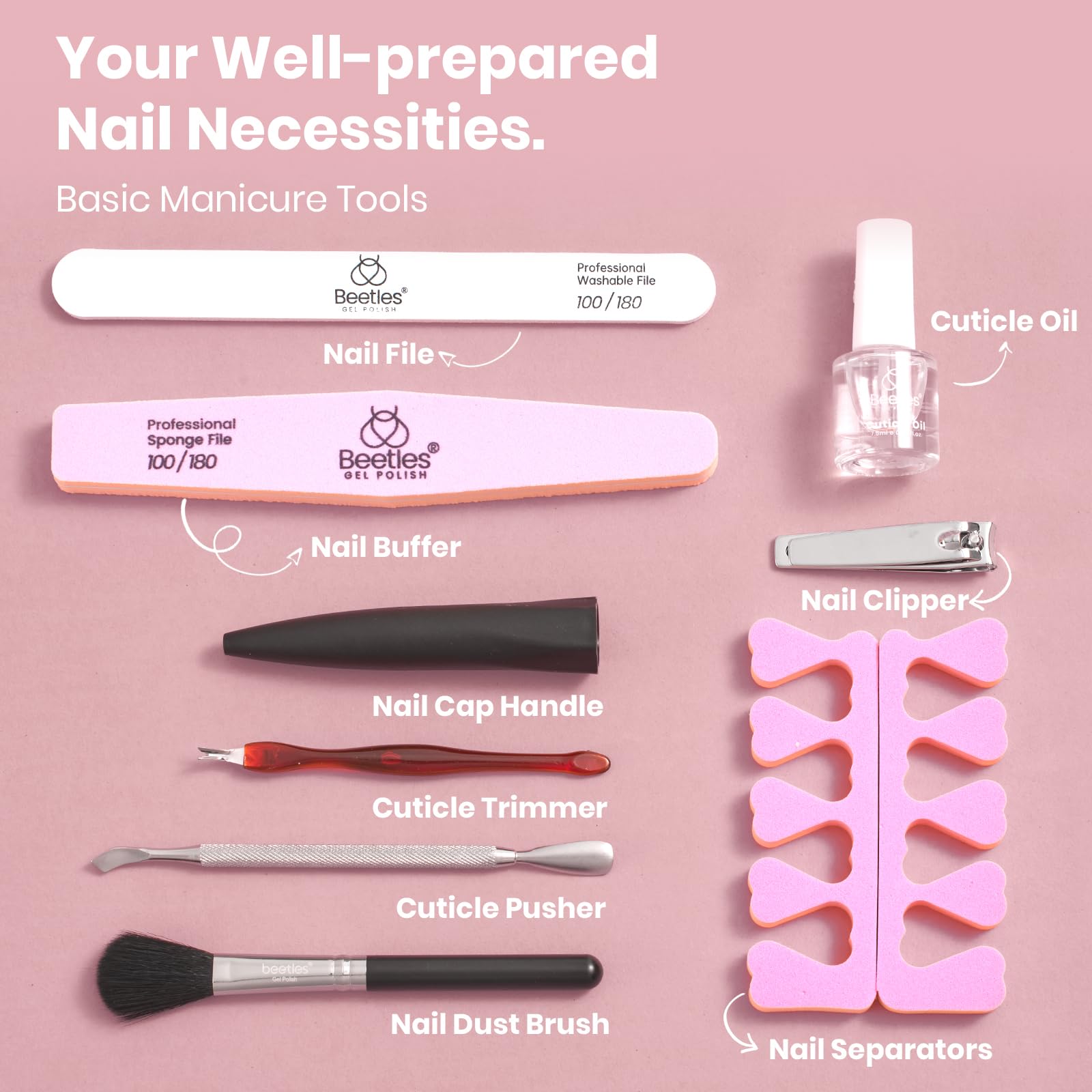 Beetles toe separators and file provide tidy salon-like prep at home.