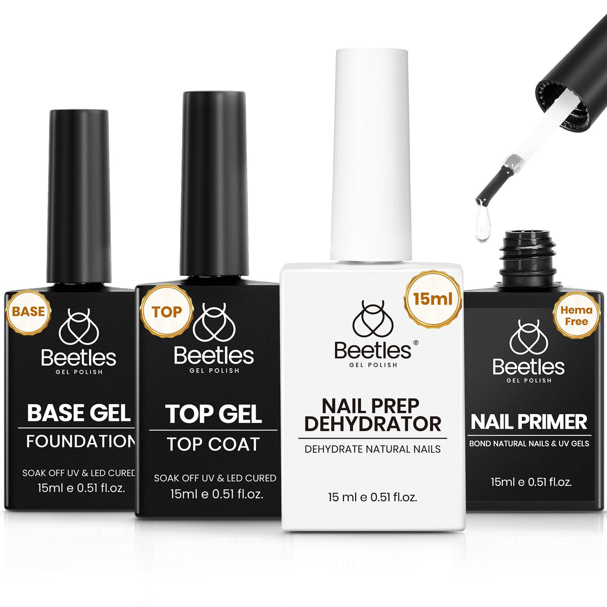 Beetles top coat and base coat set close-up, showing professional long-lasting shine.