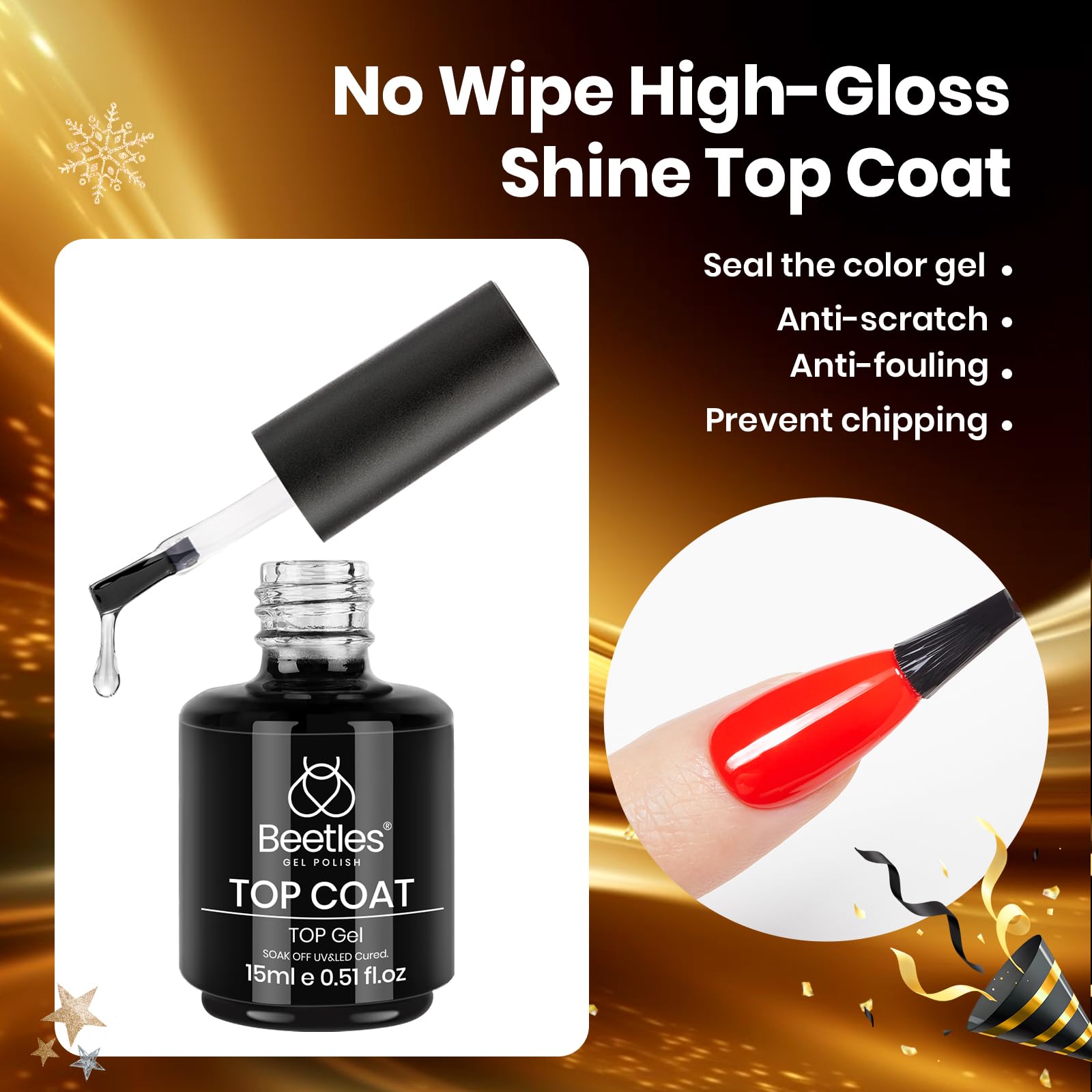 Beetles Gel Polish No-Wipe top coat bottle delivers high gloss and durability.
