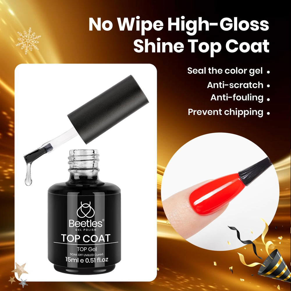 Beetles Gel Polish No-Wipe top coat bottle delivers high gloss and durability.