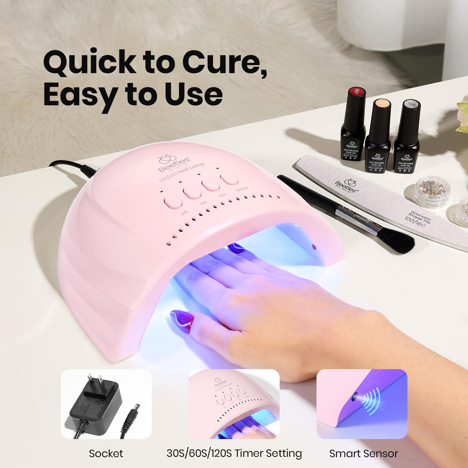 Beetles UV Nail Lamp side view highlighting compact footprint for small spaces.