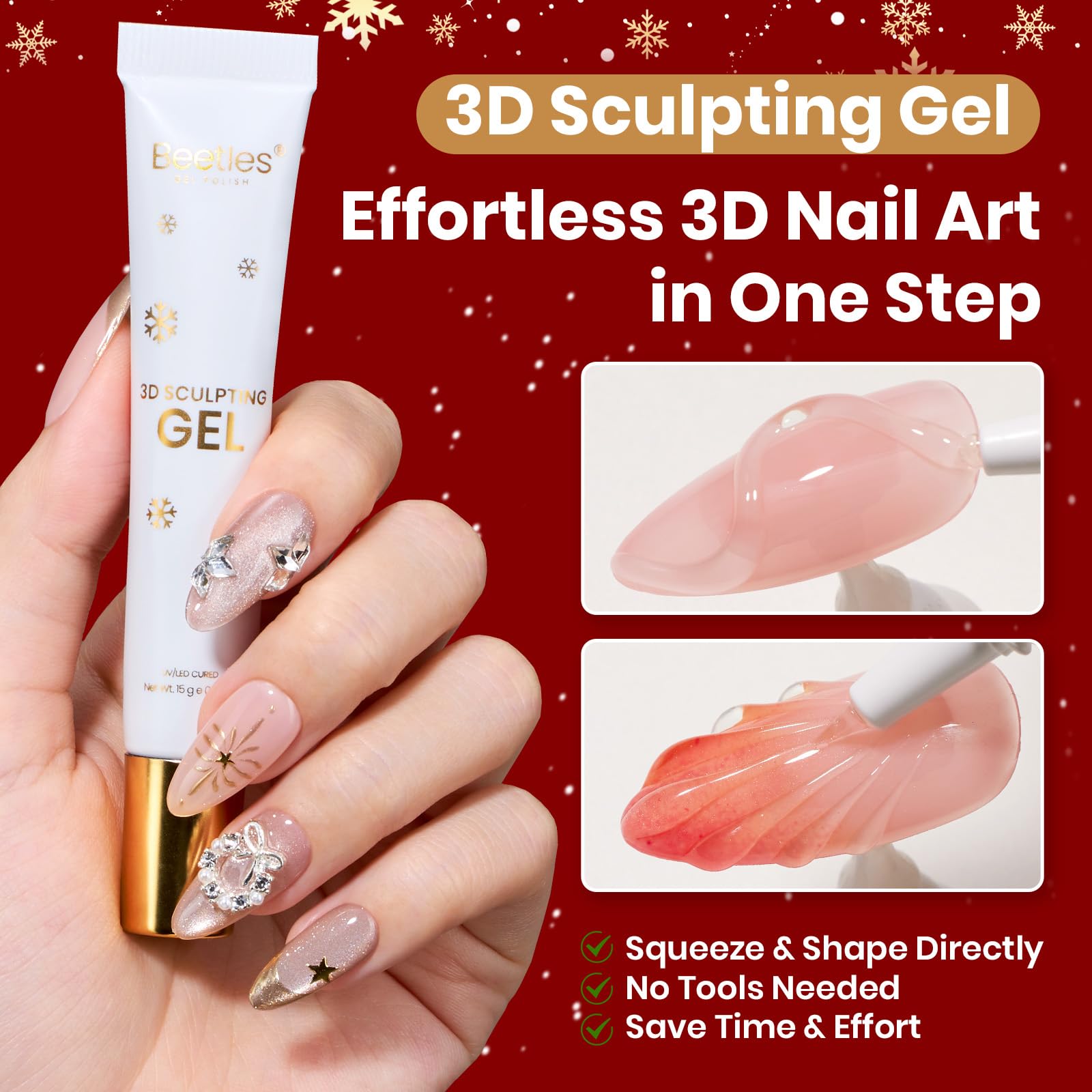 Beetles assorted crystals and pearls enhance festive nail embellishments.