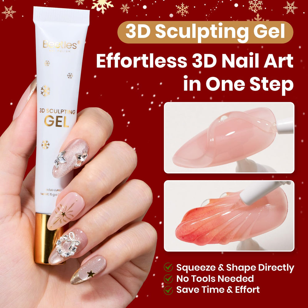 Beetles assorted crystals and pearls enhance festive nail embellishments.