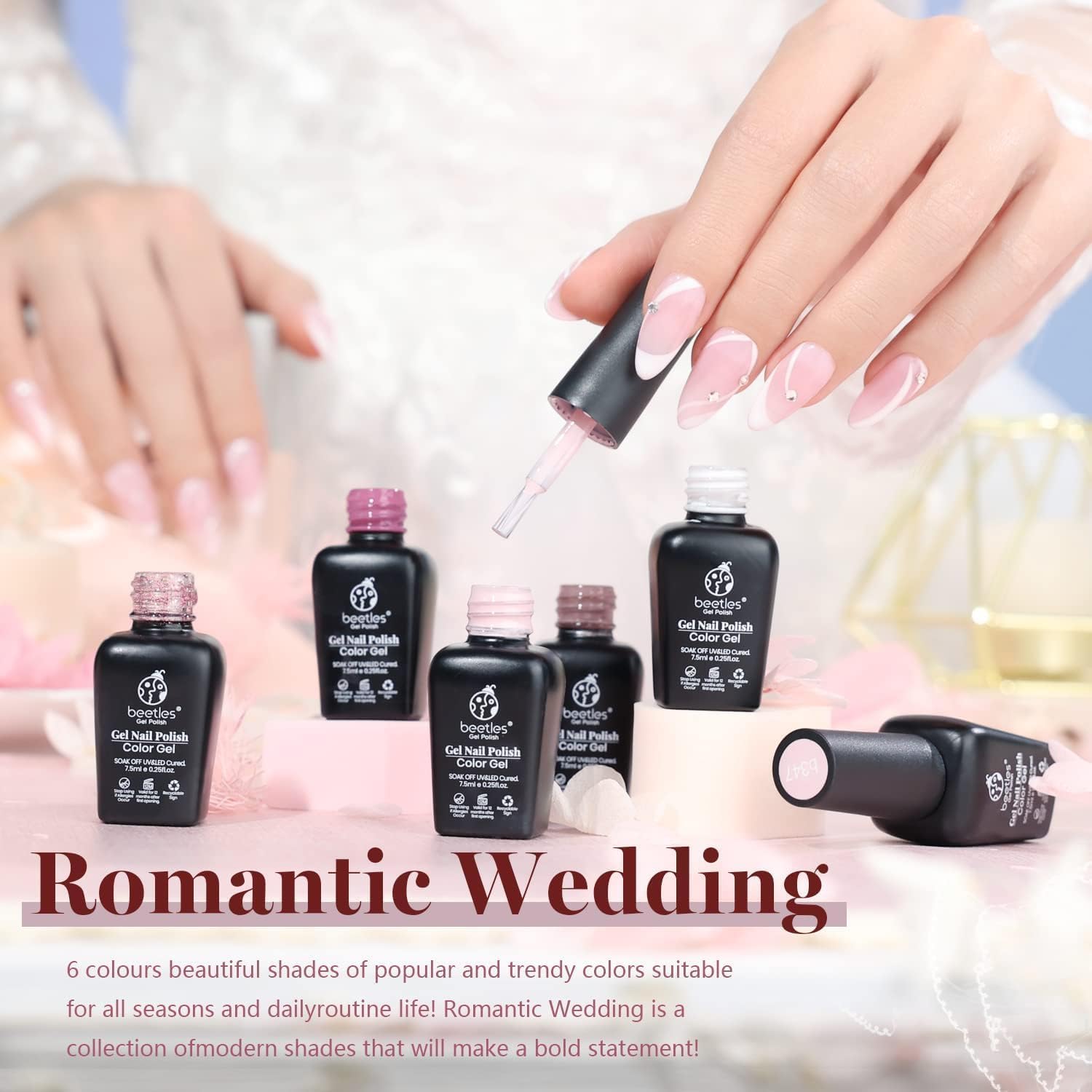 Beetles Wedding Gel Nail Polish Set bottle closeup highlights 7.5 ml bottles for at-home manicures.