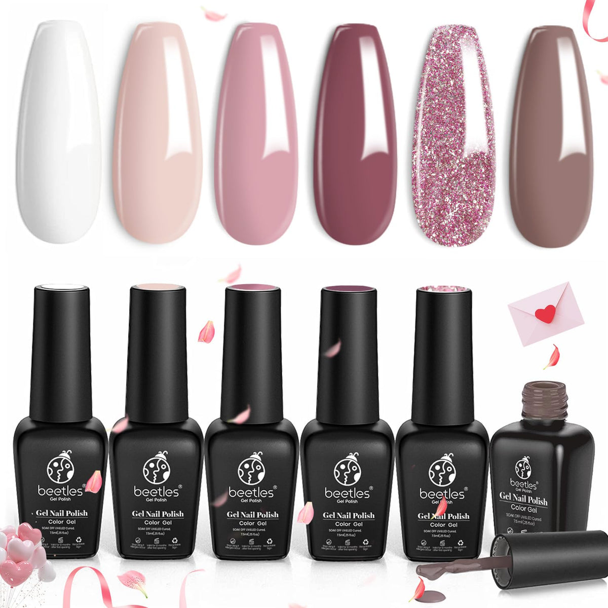 Beetles Wedding Gel Nail Polish Set swatches show six bridal-friendly nude tones for chic nails.
