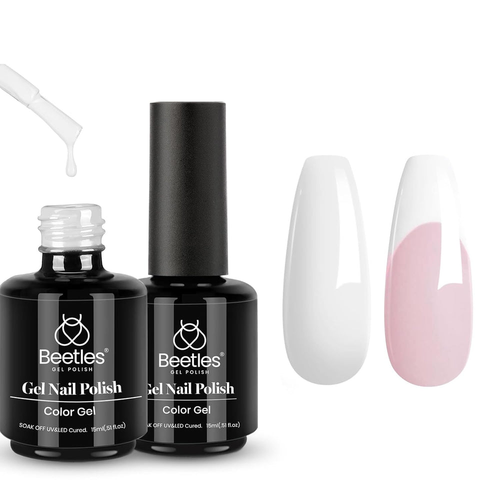 Beetles White Gel Nail Polish 2pcs 15ml pack showcases salon-ready French manicure ideas.